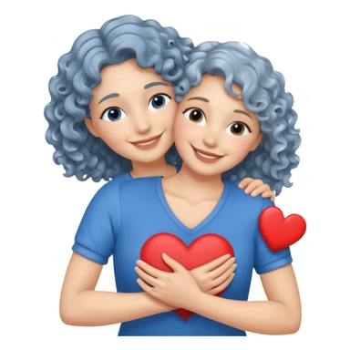 Silver, wavy/curly hair chin-length lady giving hug with 2 arms, blue v-neck and smilingm add a heart sticker