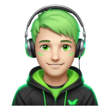 friendly streamer avatar, smiling man, stylized illustration, neon green eyes with soft warm highlights, hoodie and headset with neon accents, subtle cyberpunk vibe, dark background, clean lines, cozy and friendly mood sticker