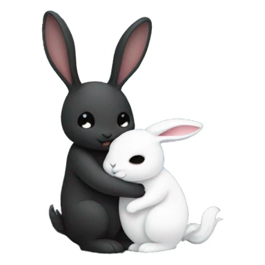 Black rabbit hugging white rabbit with moon behind them sticker