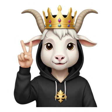 White Goat with horns and bread wearing black hoodie and a royal crown do the peace sign sticker