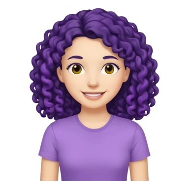 mujer blanca con cabello largo rizado negro sonriendo con camiseta lila sticker