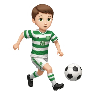 Brown hair 6 years old white boy footballer RUNNING playing soccer wearing CELTIC  UNIFORM  has white stripes  # 17 in the jersey the celtic football club logo NO CHEST LOGO in middle NO  sticker