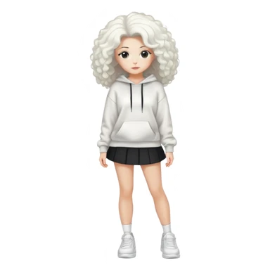 Female with slim hourglass figure, white big hair, wearing white sweatshirt, black skirt, and white shoes, full body pose sticker