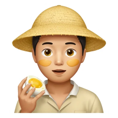 Asian guy with a rice hat eating an egg sticker