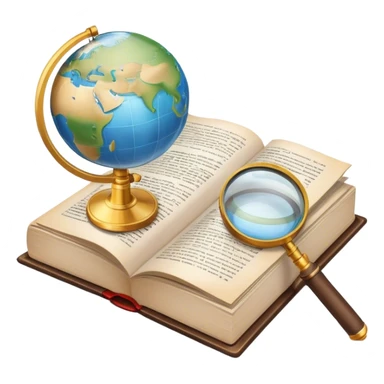 Icon for Non-Fiction Reading: an open book with pages filled with factual text, surrounded by a magnifying glass, a globe, and a stack of reports. The icon should convey the investigative and informative nature of documentary and non-fiction literature. Transparent background. sticker