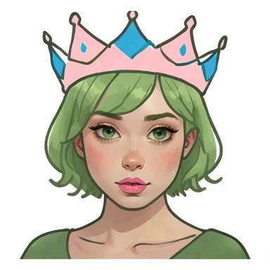 A girl with blue eyes a pinkish lips and blush with short blonde hair wearing a crown  sticker