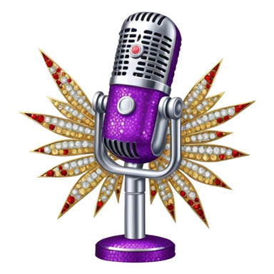 Create a glamorous and vibrant emoji representing stage vocal performance. The design should feature a humanless collage of classic vintage microphone, stage costume covered in rhinestones, sparkling brightly. The costume should be stylized, with glittering elements like sequins and sparkles, and reflect the glitzy, extravagant nature of show business. The microphone should have a sleek, retro look with chrome or metallic accents. Use rich, dazzling colors like gold, silver, deep purple, and bright red to evoke the glamorous, larger-than-life feel of a stage performance. The background should be transparent. sticker