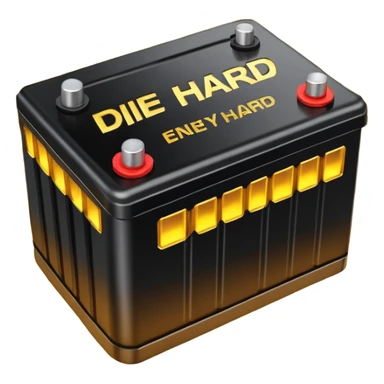 black car battery labeled 'Die Hard' with golden energy waves surrounding it, highlighting its strength sticker