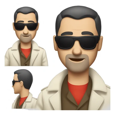 <excerpt>
A 1930s white man with real buzz cut Black hair, beard stubble donning small red tinted sun glasses in a dirty white trench coat, is serious.
</excerpt> sticker