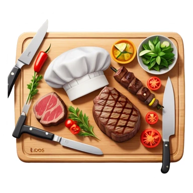 icon featuring a chef’s hat, a cutting board with fresh ingredients, a knife, a beautifully cooked ribeye steak, shashlik skewers, and a plate of food in the making. The design captures the passion of cooking with warm, inviting colors, and realistic textures. Transparent background. sticker