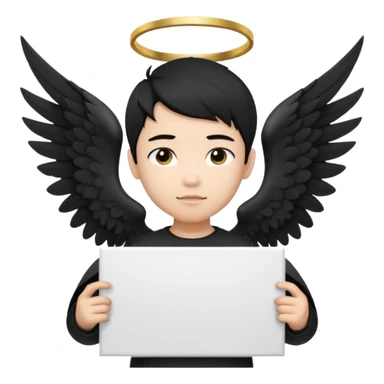 Asian Boy Angel with black hair black halo and black wings holding a large blank sign sticker