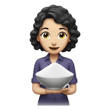 white woman black hair sniffing powdered sugar sticker