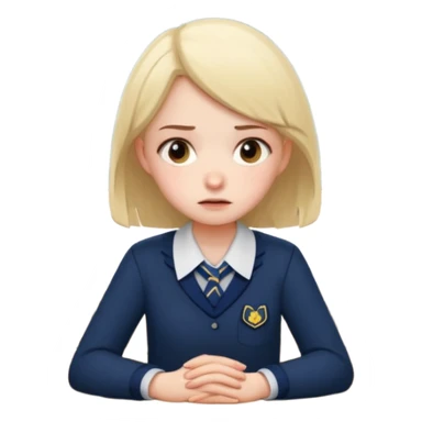 an anxious girl in school uniform sitting in front of a table  sticker
