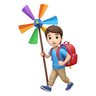 cute boy carrying a toy windmill backpack, colorful windmill spinning on the back, happy expression, casual outfit, 3D cartoon, mobile game icon style, clean background, no text, no watermark
 sticker