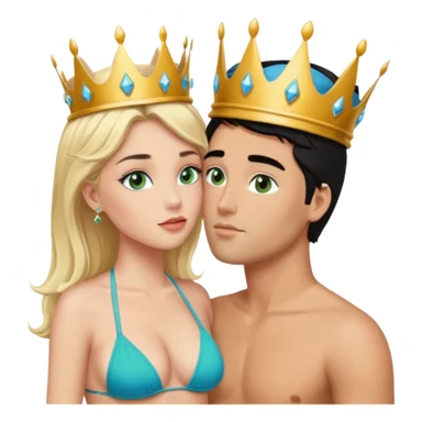 Blonde Queen with crownGreen eyes in Bikini kissing Male subject without crown black hair blue eyes Background sky sticker