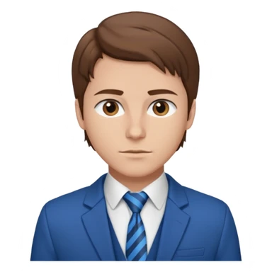 un homme type caucasien brun plutôt jeune avec des jolies traits avec une chemise blanche et une veste a manche longues et cravate bleu il a les yeux marron sticker