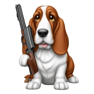 Red and white basset hound with gun sticker