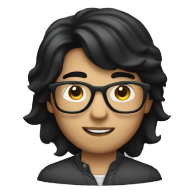 Create a boy with the following attributes:  Black hair Wearing glasses Using a Mac with macOS sticker