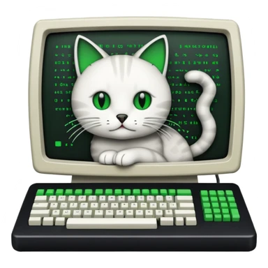 mac os icon code computer retro terminal, black, green white, cat draw with ASCII code inside the terminal sticker