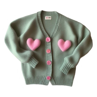 Sage oversize wool open short cardigan with pink heart buttons, isolated sticker