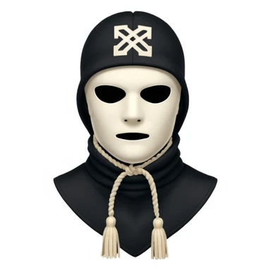 Deconstructed off-white balaclava with frayed layers, rope tassels, subtle embroidery. Studio photo, white bg, soft light. Streetwear luxury style.
 sticker