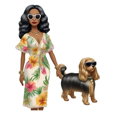 Palm Beach Breeze Barbie Wednesday Addams ,walking by the pool, white skin, full body visible, wavy hair,handbag, aloof,eyeshadow,earrings,open flowing floral caftan,small 2 piece, sunglasses on top,heels,holding yorkie Miss Thang sticker