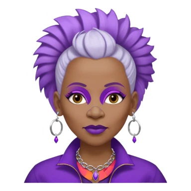 57yr old Qeen black woman with long oval shaped face with a white colored  natural hair mohawk style haircut adorning purple royalty clothing and purle lipstick, with 2 nose ring piercing  sticker