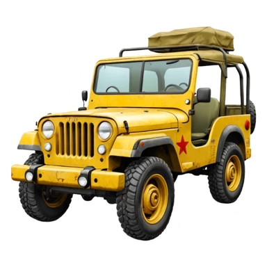 yellow military jeep, with protection, with red tuning symbols sticker