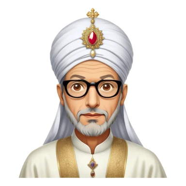 Jeff Goldblum no glasses as a regal portrait dressed as suleiman-the-magnificent,-depicted-as-a-regal-ottoman-sultan-adorned-with-a-large,-white,-round,-tall-turban-and-a-majestic-grey-beard,-his-commanding-gaze-bathed-in-warm,-historic-lighting-that-exudes-time with a large long beard **no glasses** sticker