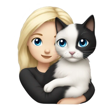 Blonde girl blue eyes snuggling fluffy black and white tuxie cat sticker