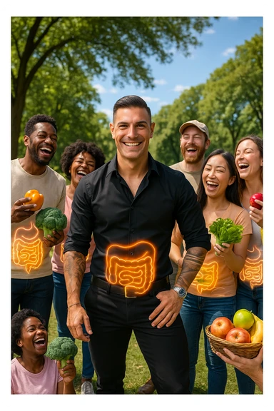  a smiling man stands at the center of a group of diverse, happy people in a bright park. Everyone has a subtle, glowing outline around their abdominal area, symbolizing a healthy gut. The group is laughing, sharing fresh fruits and vegetables, and the atmosphere is vibrant and full of energy. sticker