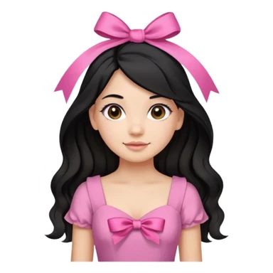 Beautiful girl with black hair in a half-up half-down hairstyle with pink ribbon tying the top half, waves at the ends, brown eyes, light skin, slight smile, and pink dress sticker