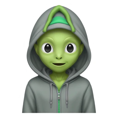 happy green alien in gray hoodie full height, wear hoodie hat sticker
