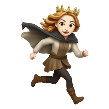 Emma Stone running, with a large stride and arms outstretched, wearing an icicle crown and winter cloak, long golden brown hair sticker