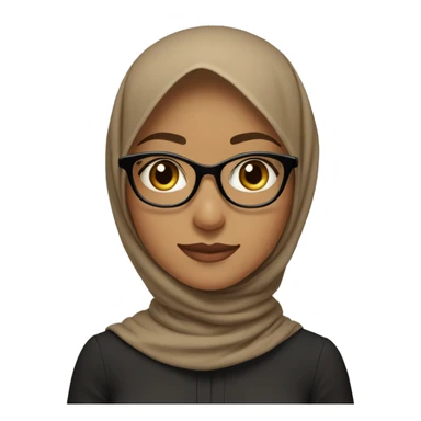 The image depicts a young woman wearing a light brown hijab and clear, round glasses. She is smiling softly, with a natural expression on her face. She is wearing a black outer garment,  sticker