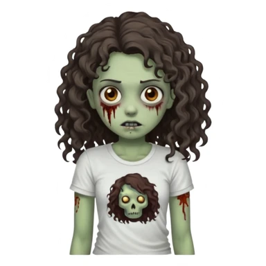 zombie girl with curly hair n brown eyes, dark and long hair 3a with wavy scalp, just a tshirt Ok but less curls and hair under te shoulder sticker