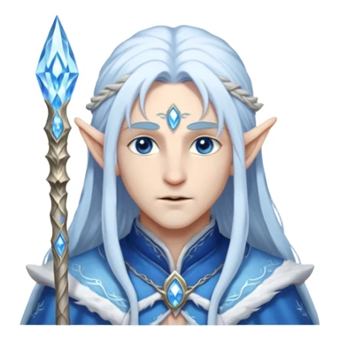 Legendary fantasy Christmas elf portrait icon, Santa Claus and Snow Maiden inspired, ancient winter spirit style, long flowing white-blue hair, glowing frost eyes, crystal staff, elegant elven features, divine winter magic aura, icy silver color palette, highly detailed but clean emoji icon male sticker