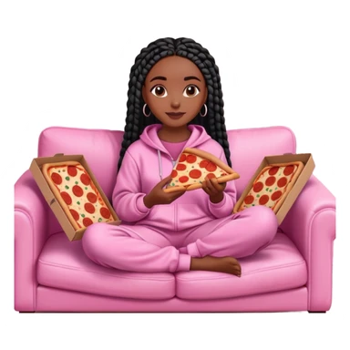 A dark-brown-skinned Black woman with black box braids, sitting on a pink couch, holding an open pizza box.She’s wearing comfy loungewear, looking relaxed and enjoying her food. sticker
