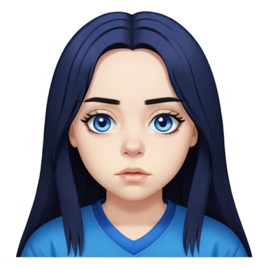 billie eilish long black hair blue eyes dark eyeliner makeup, wearing jersey sticker