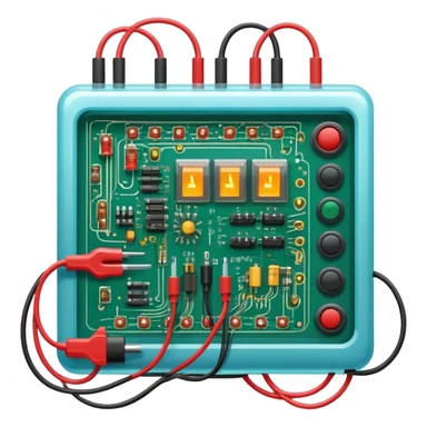 An icon featuring circuit boards, glowing wires, and a multimeter, symbolizing electrical engineering. The design includes voltage symbols and electric currents flowing through components, representing the study and application of electricity. Transparent background sticker