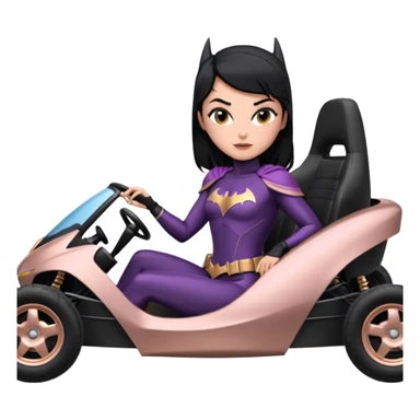 Hot full size real-appearance enclosed electric racing action BatGirl’s feminine midnight-colored tight outfit sixty’s tv show 1992 dark stealthy sporty safe plush petite off-road pursuit cruiser car rose gold accents (black hair,reclined and relaxed torso and shoulders seating position) go kart  sticker