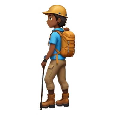 A 3D cartoon hiker silhouette standing on a rocky path at sunset, warm golden light, Memoji-style rendering. inside photo frame. sticker