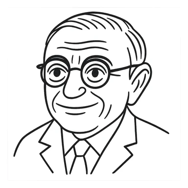 Reduce the number of strokes in the Jean-Paul Sartre black outline drawing, keeping it detailed and hand-drawn but with cleaner, more economical linework. Maintain the neutral smile, round glasses, and transparent background. sticker