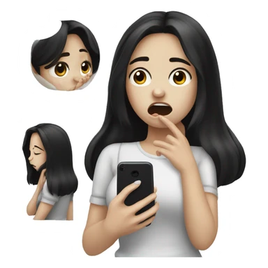 A girl with white skin and dark hair is crying, tears, holding her phone in her hand and pressing her finger on it and looking into it   sticker