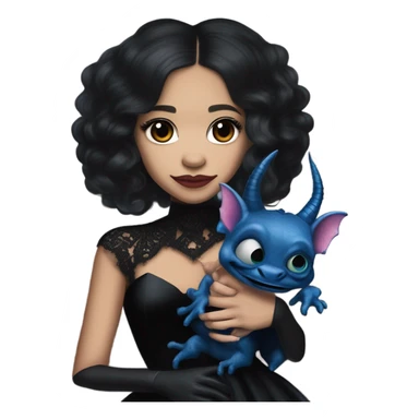 relaxed low cut back silk black evening gown with see-through gloves, Jenna Ortega as Addams woman prom queen wearing a mini tiara, very large blood blue evil-looking horned old dragon hand puppet sticker