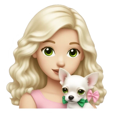 pale blond girl with wavy long platinum hair with green eyes holding a white chihuahua puppy that wearing a pink bow sticker