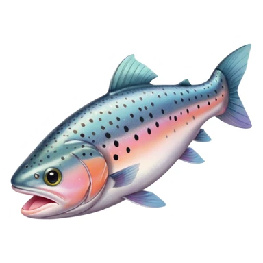 raw trout whole with elongated body, shimmering silver-gray skin dotted with dark spots, iridescent scales, pinkish belly, fins and eyes clear, mouth open, no plate or extras, soft lighting, subtle shadows, emoji scale sticker