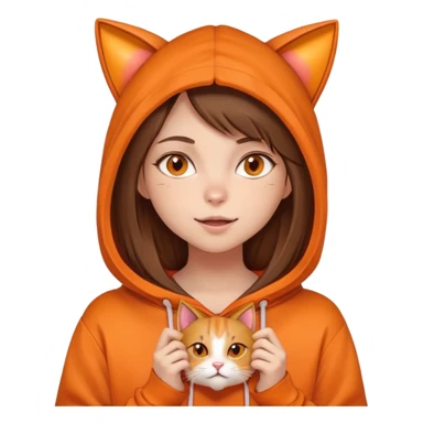 Una niña piel blanca, pelo castaño y lacio, ojos color miel, con un poleron naranja que en el gorro tiene una cara y orejas de gato, mordiendo un corazón naranja  sticker