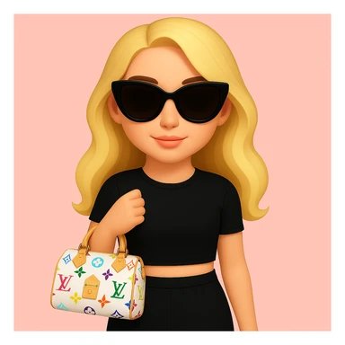 Remove all jewelry, make her lips a lighter pink, adjust her skin tone to be slightly more tan, and change the Louis Vuitton bag to a Speedy 30 Multicolore in white with rainbow monogram. Keep the pink background and sunglasses. sticker