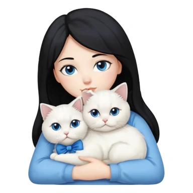 black hair woman snuggling white Persian cat with a blue bow sticker